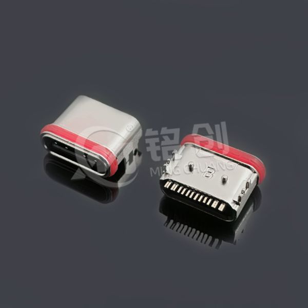 防水TYPE C母座16PIN 板上四脚插板SMT L=7.5 锌合金 红色胶圈