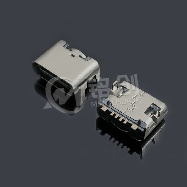 TYPE C母座6PIN 板上四脚插板SMT L=6.5 带数据 三模 不锈钢 黄铜 LCP