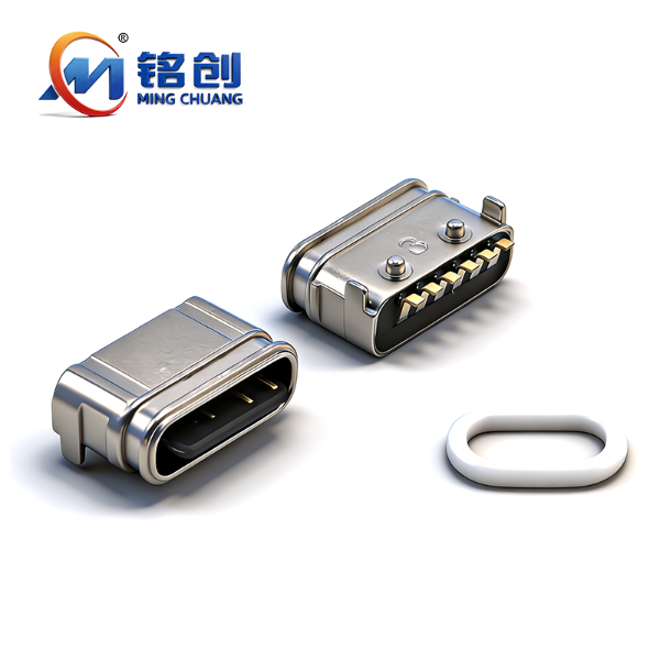 B09W0601A 防水TYPE C母座6PIN 板上两脚插板SMT L=5.7 舌片外露 锌合金