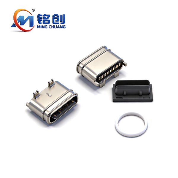 B09W1609A 防水TYPE C母座16PIN 立式两脚插板SMT L=6.5 舌片外露 带贴板脚 锌合金